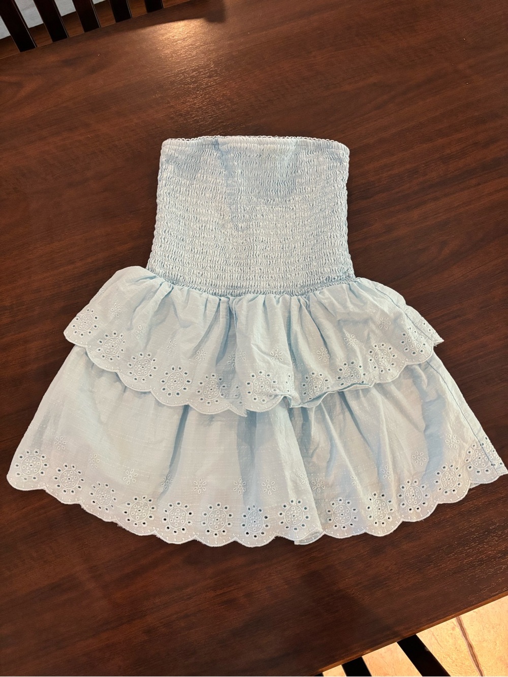 Strapless Blue Eyelet Ruffle Dress